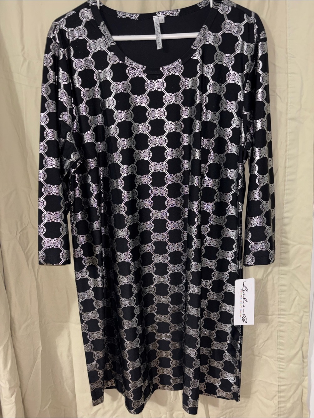 Lulu-B Black Long Sleeve Dress with Black and Silver Chain-Link Motif